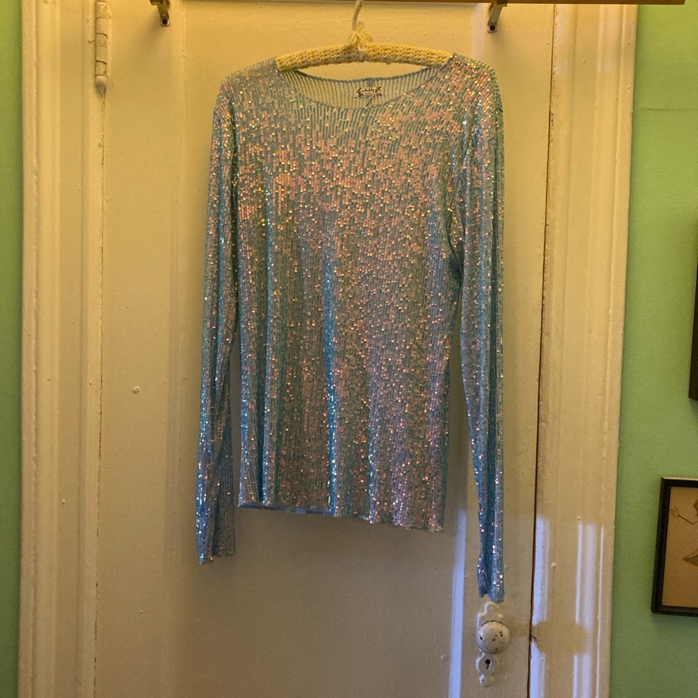 Free People Sequin Long Sleeve Top - Light Blue